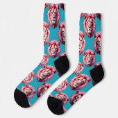 Rosa Löwenkopf-Tiermuster-Design Blau  Socken (Linkes Detail)
