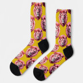 Rosa Löwenkopf-Tiermuster-Design Gelb Socken (Linkes Detail)