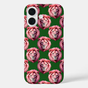 Rosa Löwenkopf-Tiermuster-Design Grün iPhone 16 Hülle