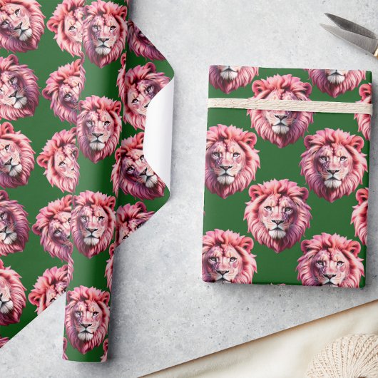 Rosa Löwenkopf-Tiermuster-Design Grün Geschenkpapier