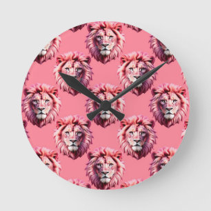 Rosa Löwenkopf-Tiermuster-Design Rosa  Runde Wanduhr