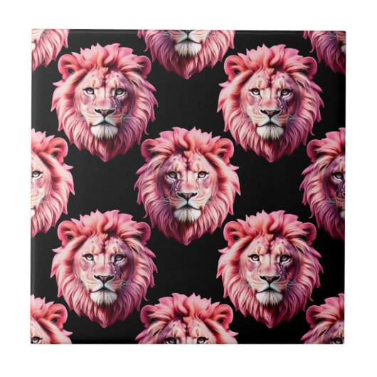Rosa Löwenkopf-Tiermuster-Design - Schwarz Fliese (Vorderseite)