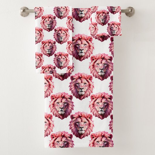 Rosa Löwenkopf-Tiermuster-Design Weiß Badhandtuch Set