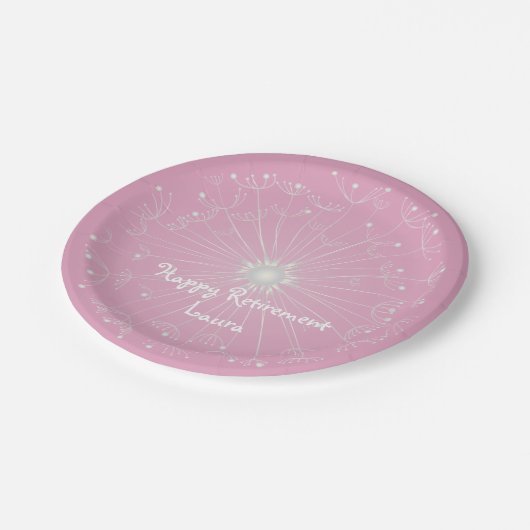 Rosa Löwenzahn-Ruhestands-Party-Teller Pappteller (Schrägansicht)