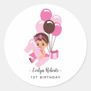 Rosa Luftballon Baby Mädchen Erster Geburtstag Runder Aufkleber