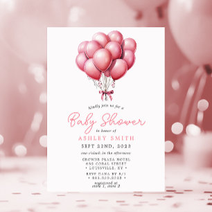 Rosa Luftballons Aquarell Mädchen Baby-Party Einladung