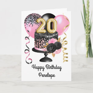 Rosa Luftballons Schwarz und Gold 20. Geburtstagst Karte