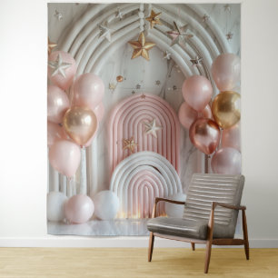 Rosa Luftballons und goldene Sterne Foto-Party-Ban Wandteppich