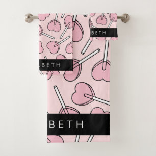 Rosa Lutscher, Herz-Lutscher, Lolly, Ihr Name Badhandtuch Set