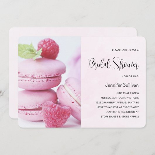 Rosa Macarons mit rotem Himbeeren-Brautparty Einladung (Vorne/Hinten)
