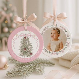 Rosa Mädchen Baby Erstes Weihnachtsfoto Ornament Aus Metall