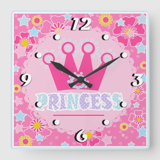 Rosa Mädchen Babydusche Prinzessin Blumenkaros Quadratische Wanduhr (Vorderseite)