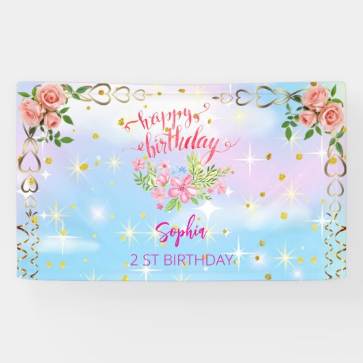 Rosa Mädchen Begrüßung florfarbenes Aquarell Gebur Banner (Horizontal)