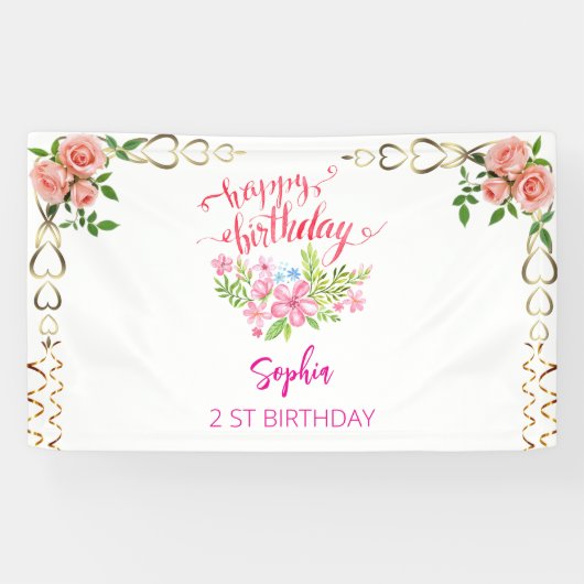 Rosa Mädchen Begrüßung florfarbenes Aquarell Gebur Banner (Horizontal)