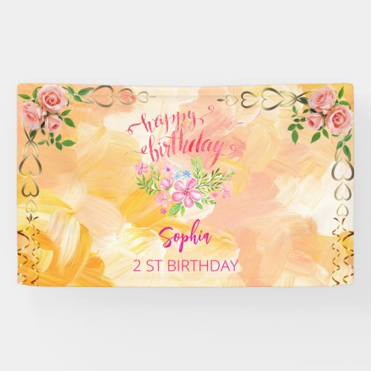 Rosa Mädchen Begrüßung florfarbenes Aquarell Gebur Banner (Horizontal)