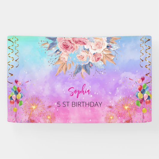 Rosa Mädchen Begrüßung florfarbenes Aquarell Gebur Banner (Horizontal)