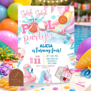 Rosa Mädchen-Bogen-Basketball-Pool-Party-Geburtsta Einladung
