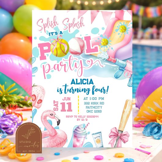 Rosa Mädchen-Bogen-Softball-Poolparty-Geburtstag Einladung