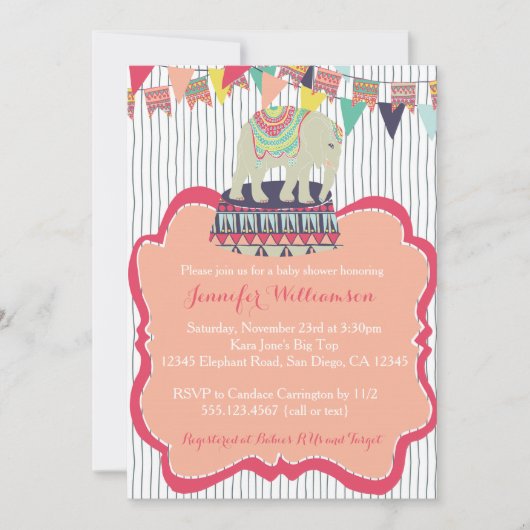 Rosa Mädchen-Elefant-Zirkus-Babyparty-Einladung Einladung (Vorderseite)