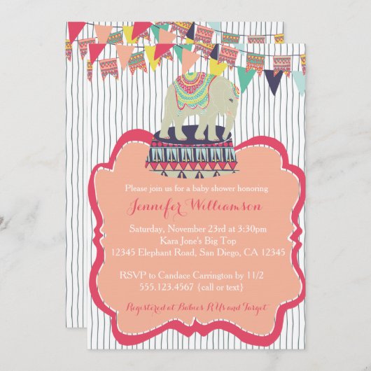 Rosa Mädchen-Elefant-Zirkus-Babyparty-Einladung Einladung (Vorne/Hinten)