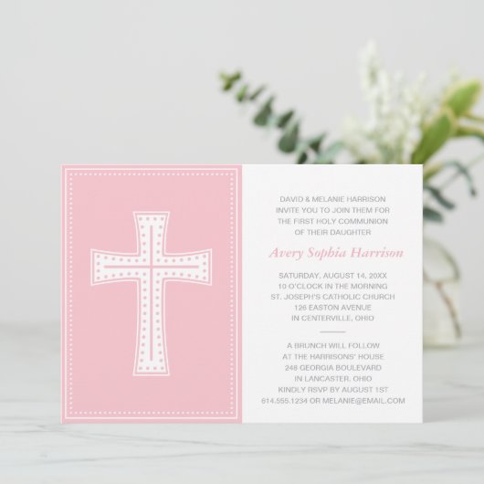 Rosa Mädchen-erste Kommunion Einladung (Stehend Vorderseite)