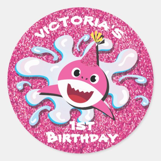 Rosa Mädchen-Haifisch-Glitteraufkleber Runder Aufkleber (Vorderseite)