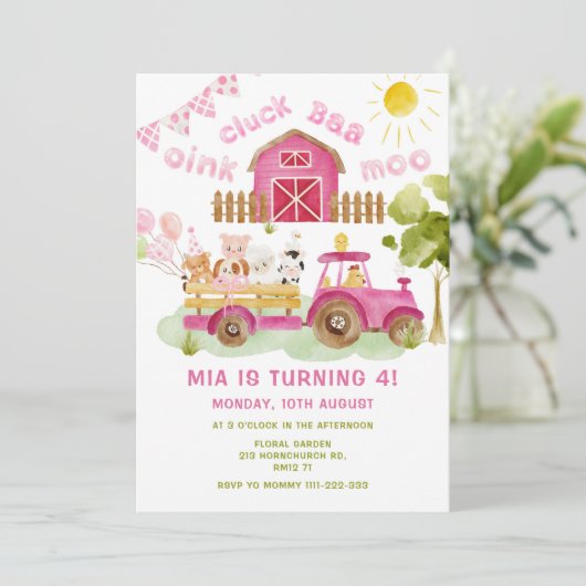 Rosa Mädchen Landtiere 4. Party Einladung (Stehend Vorderseite)