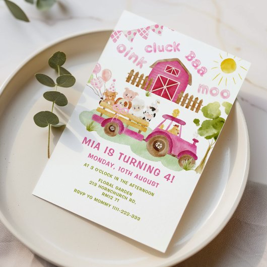 Rosa Mädchen Landtiere 4. Party Einladung