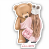 Rosa Mädchen mit Teddy-Bären-Individuelle Name Cut Aufkleber (Vorderseite)