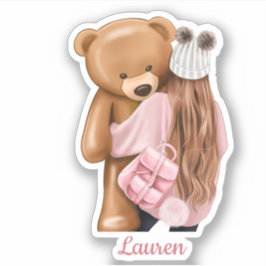 Rosa Mädchen mit Teddy-Bären-Individuelle Name Cut Aufkleber