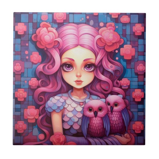 Rosa Mädchen mit zwei Eulen Fliese (Vorderseite)