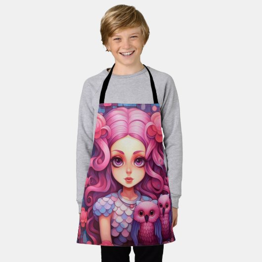 Rosa Mädchen mit zwei Eulen Schürze (Getragen)