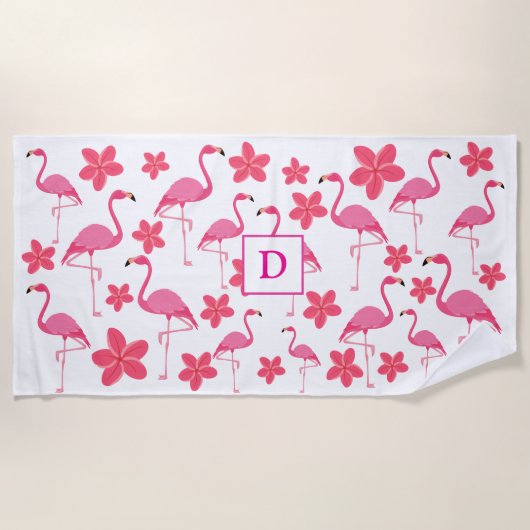 Rosa Mädchen-Monogramm-Flamingo-Muster Strandtuch (Vorderseite)