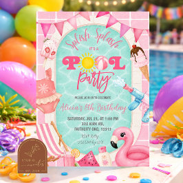 Rosa Mädchen Schwimmbad-Party Geburtstagseinladung Einladung