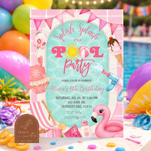 Rosa Mädchen Schwimmbad-Party Geburtstagseinladung Einladung