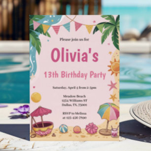 Rosa Mädchen Strandparty Kindergeburtstagsfeier Einladung