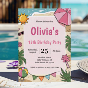 Rosa Mädchen Strandparty Kindergeburtstagsfeier Einladung