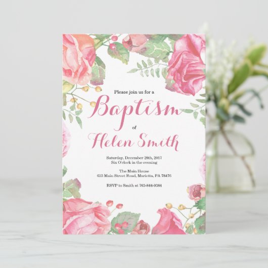 Rosa Mädchen-Taufe-mit Blumeneinladung Einladung (Stehend Vorderseite)