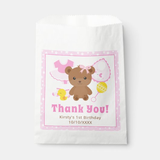 Rosa Mädchen Teddybär Kleidung Geburtstag Geschenktütchen (Vorderseite)