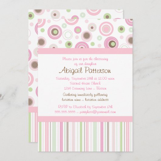 Rosa Mädchen-Tupfen-Taufe Browns süße Einladung (Vorne/Hinten)