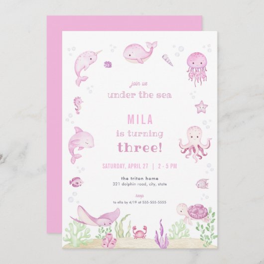 Rosa Mädchen unter dem Meer Einladung zum Geburtst (Vorne/Hinten)