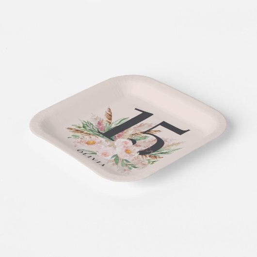 Rosa mädchenhafte Aquarellblüte Eleganter Geburtst Pappteller (Gewinkelt)