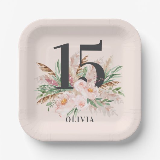 Rosa mädchenhafte Aquarellblüte Eleganter Geburtst Pappteller (Vorderseite)