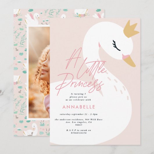 Rosa, mädchenhaftes Foto, schöne Schwanenkinder Einladung (Vorne/Hinten)