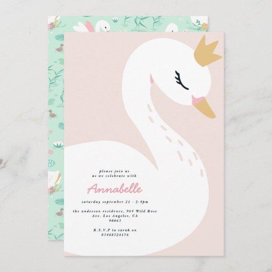 Rosa, mädchenhaftes Foto, schöne Schwanenkinder Einladung (Vorne/Hinten)