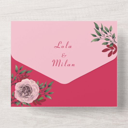 Rosa Magenta All-in-One Hochzeit Einladung + Foto (Rückseite)