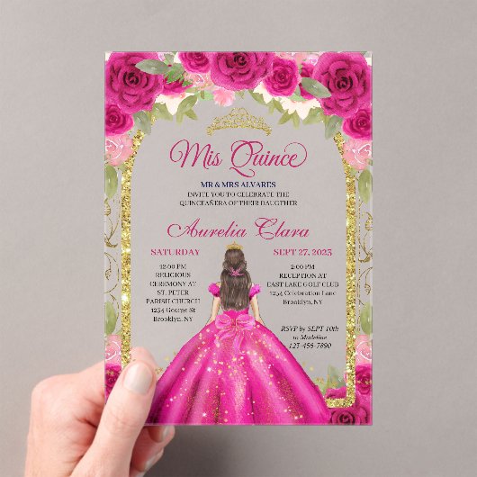 Rosa Magenta Floral Princess Gold Arch Quinceanera Acryleinladungen (Insitu (Handheld))