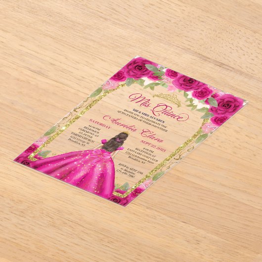 Rosa Magenta Floral Princess Gold Arch Quinceanera Acryleinladungen (Ablage )