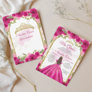 Rosa Magenta Floral Princess Gold Arch Quinceanera Einladung
