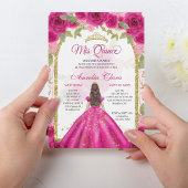 Rosa Magenta Floral Princess Gold Arch Quinceanera Einladung